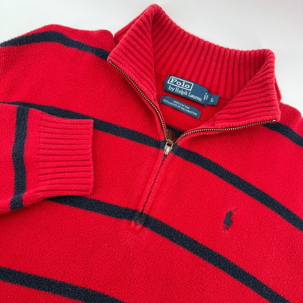 Polo Ralph Lauren Quarter Zip Sweater Mens L Red Navy Blue Striped Cotton Knit